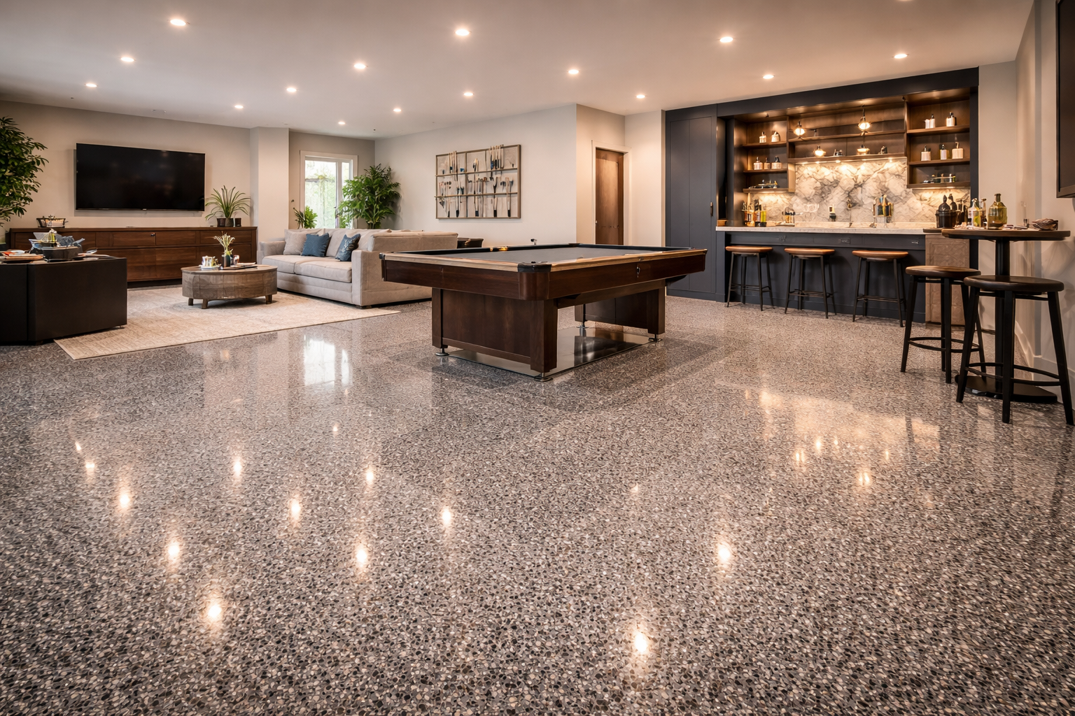 Beautiful epoxy game room floor with custom metallic finish