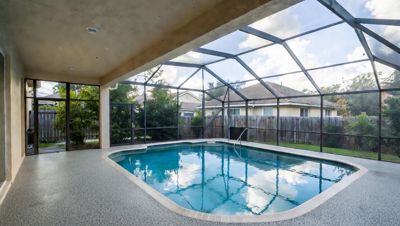 Custom epoxy flake finish on outdoor lanai in Florida
